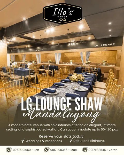 LG Lounge Shaw Mandaluyong — long navy banquet table under warm lighting