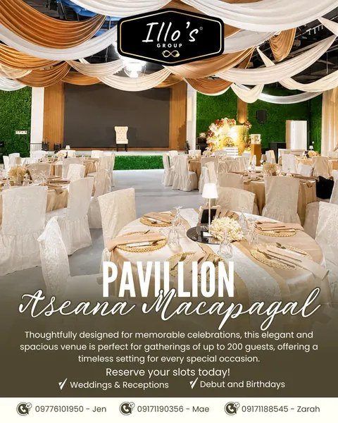 Pavillion Aseana Macapagal — draped ballroom with round tables
