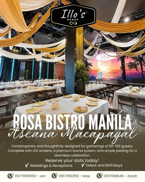 Rosa Bistro Manila — banquet setting with LED screen backdrop